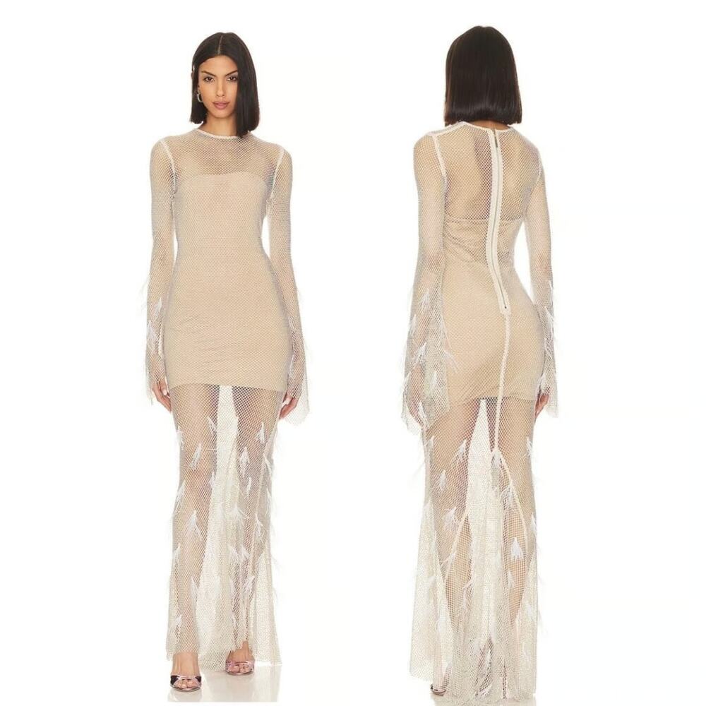 Bronx and Banco Giza Mesh Gown Rhinestone Feather Party Bridal Formal Evening XL